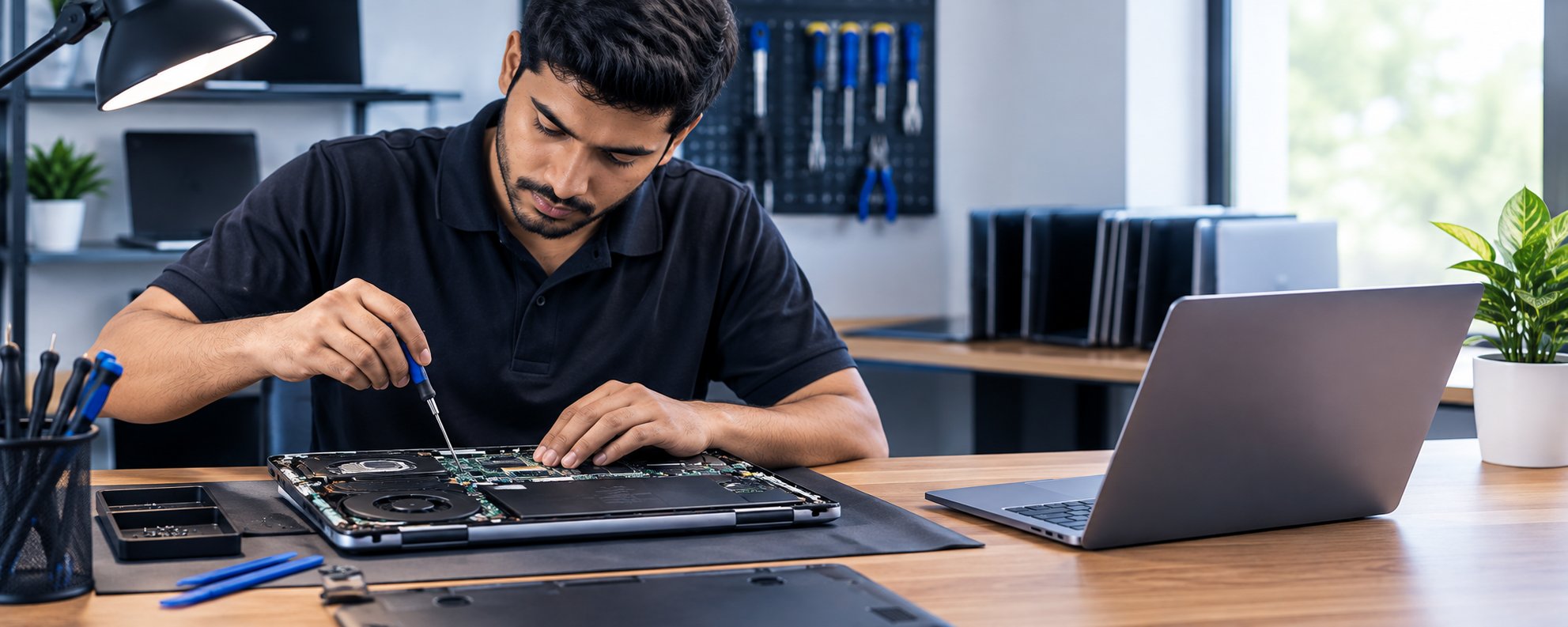 Technician repairing a laptop motherboard with a precision screwdriver